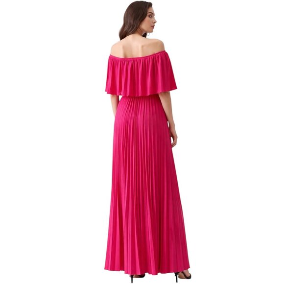 Hot Pink Women's Off Shoulder Pleated Maxi Dress - Fuchsia Flowy Boho Chic L - Picture 4 of 9